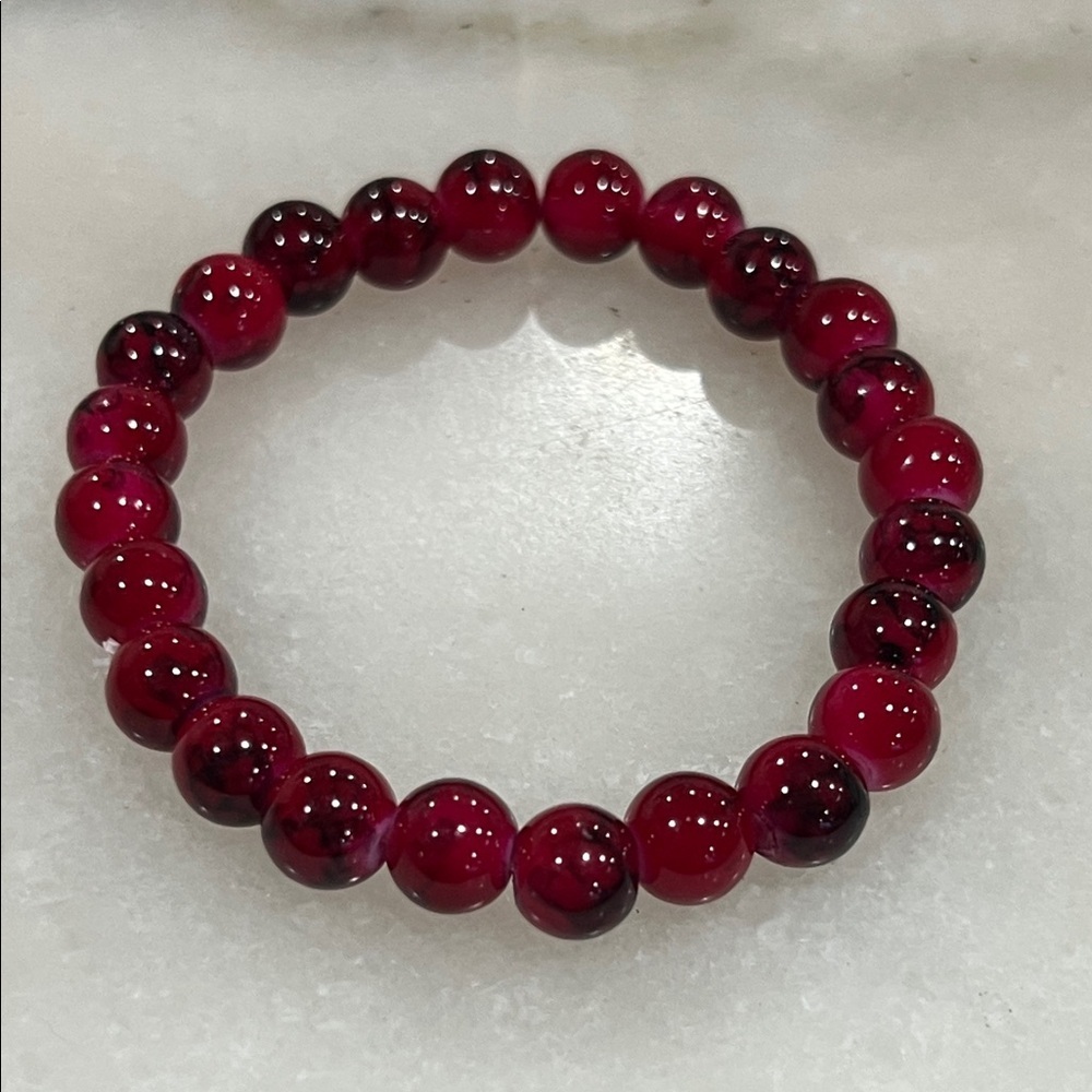Red Marbled Beaded Stretch Bracelet Handmade Resin Jewelry